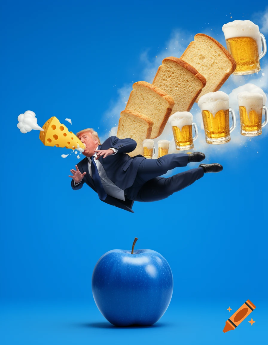Surreal depiction of Donald Trump floating in a blue sky, exhaling cheese, bread, and beer, above a large blue apple.