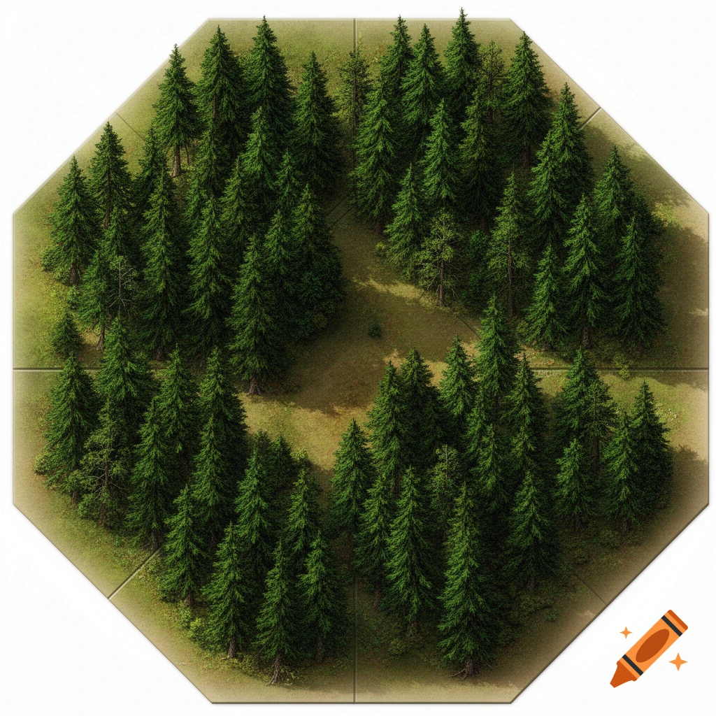 An aerial view of a dense pine forest on an octagonal board game tile, with visible grid lines and a path.