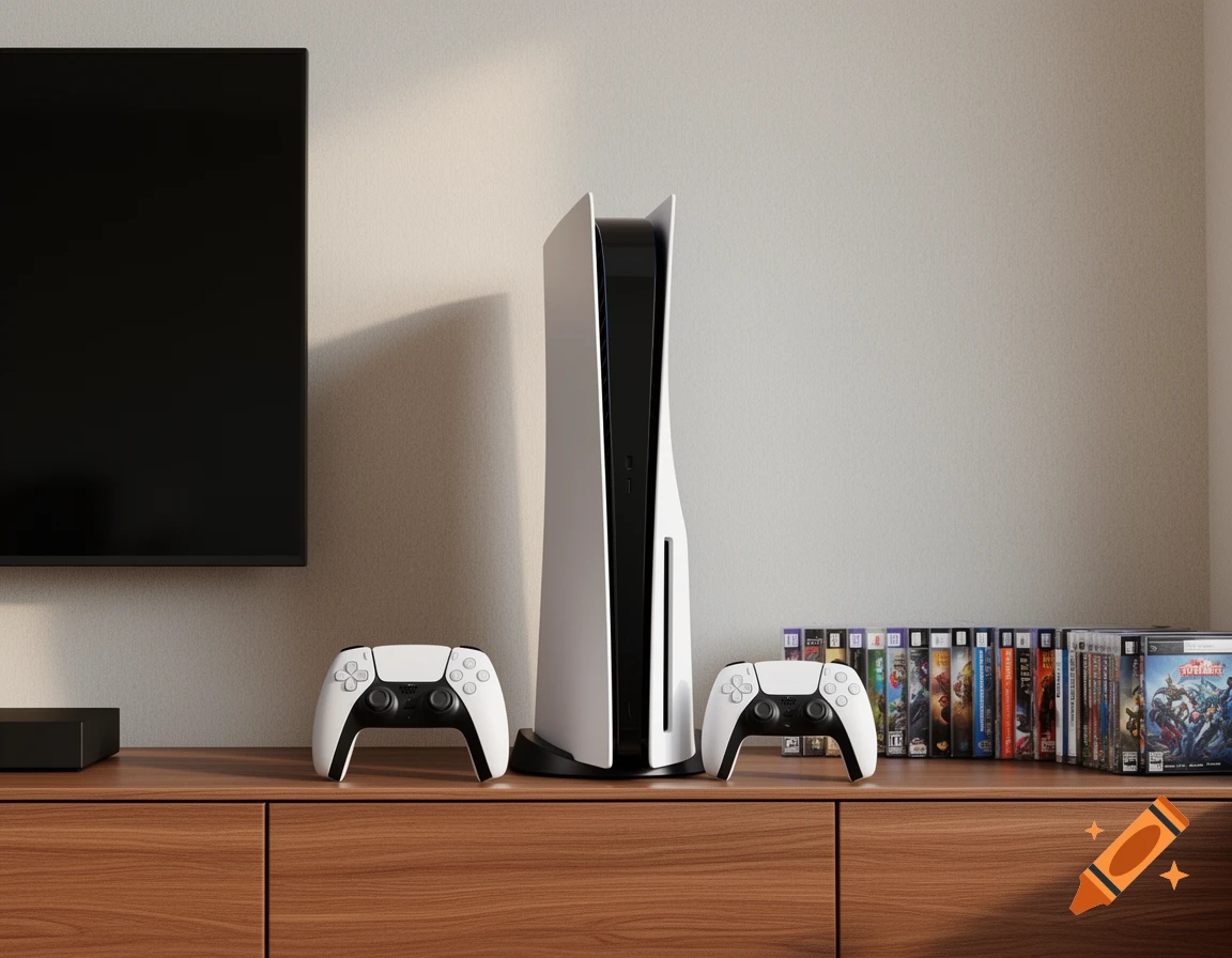 A white PlayStation 5 console stands between two white DualSense controllers on a wooden TV stand, with a large black TV and several video game cases in the background.