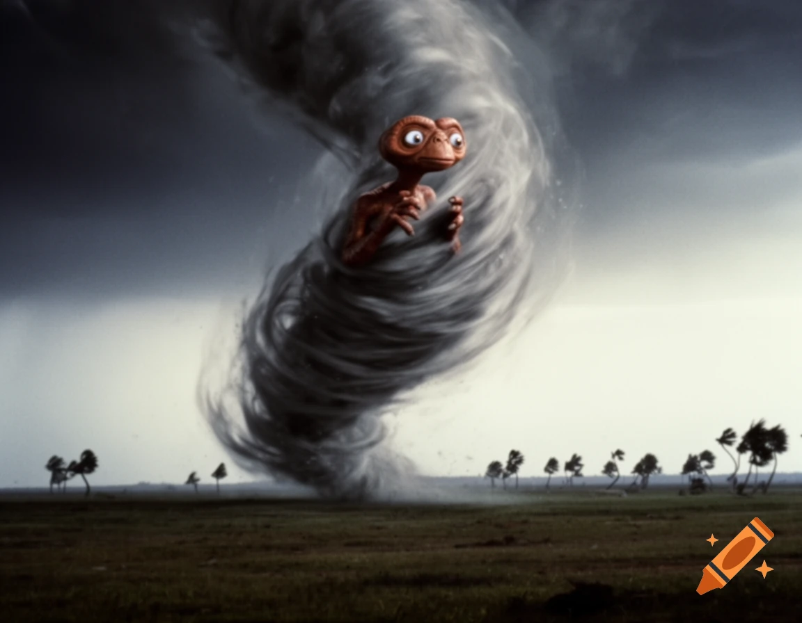 E.T. the alien in the eye of a powerful tornado over a desolate, windswept field under a stormy sky.