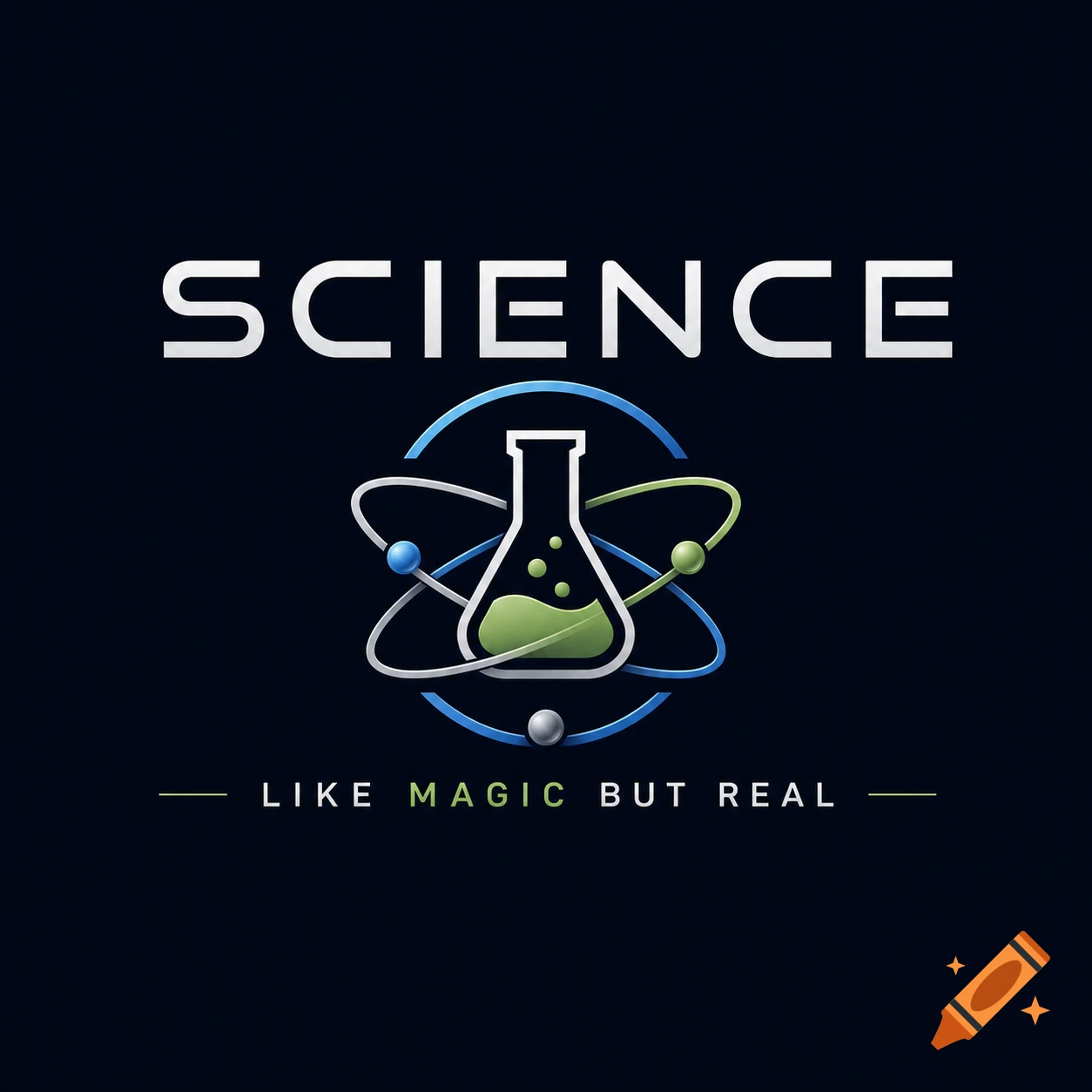 A stylized science logo with a flask and atomic orbitals, between the texts "SCIENCE" and "LIKE MAGIC BUT REAL" on a dark background.