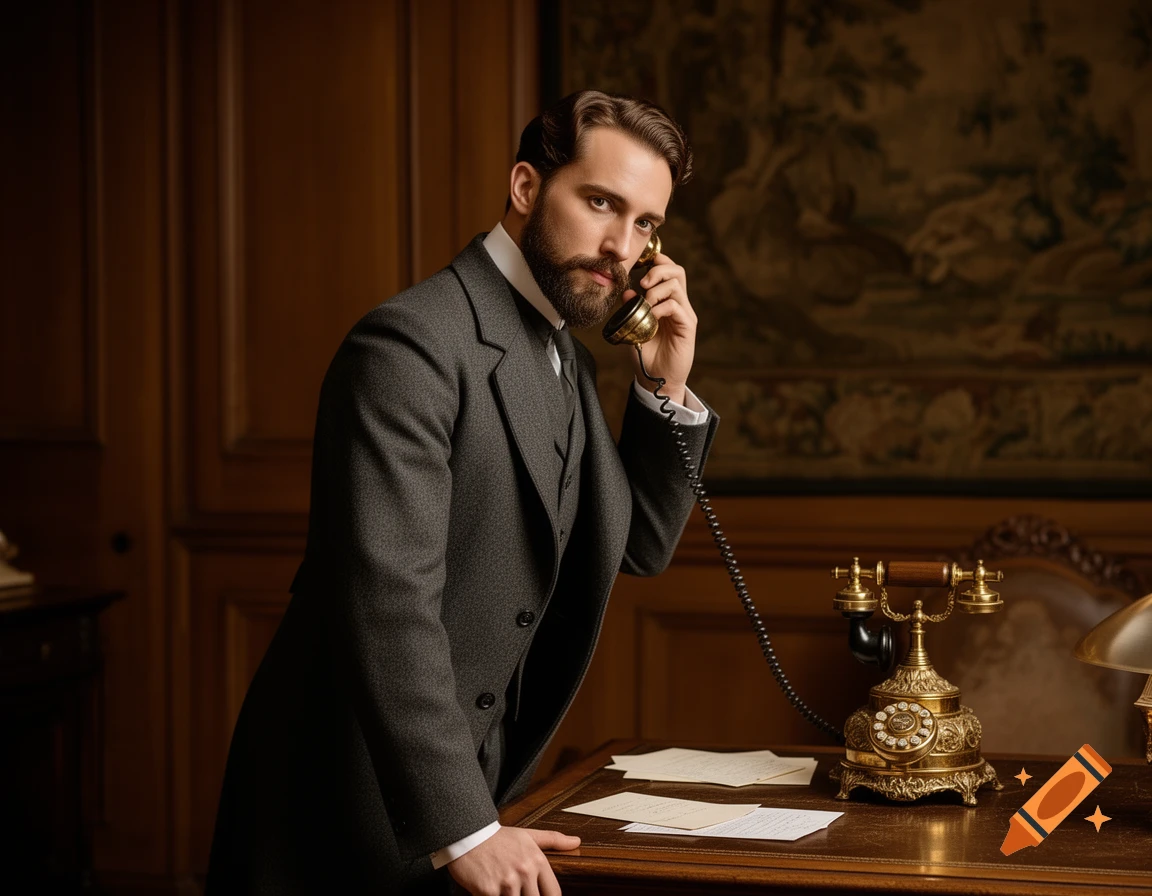 A distinguished Edwardian man in a dark suit leans on a wooden desk, holding a brass telephone receiver to his ear in a richly paneled room.