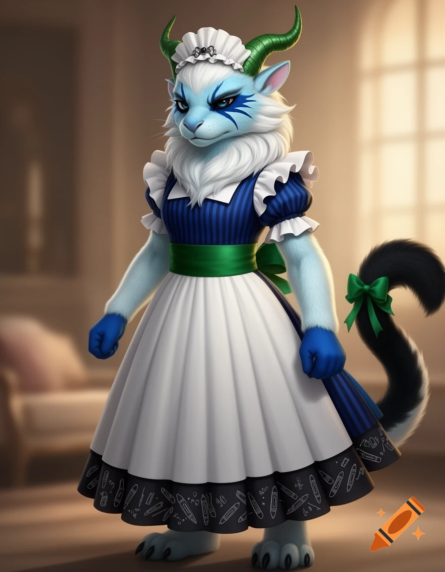 An anthropomorphic blue and white dragon-like creature with green horns and fur, wearing a blue and white maid dress with a green sash and tail ribbon.