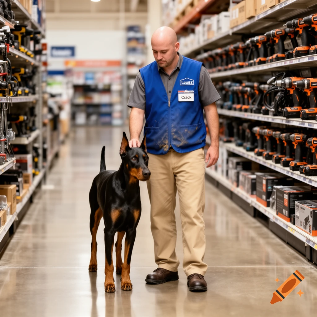 A bald Lowe's worker in a blue vest with a name tag that says "Crack" pets a Doberman in a store aisle with tools on shelves.