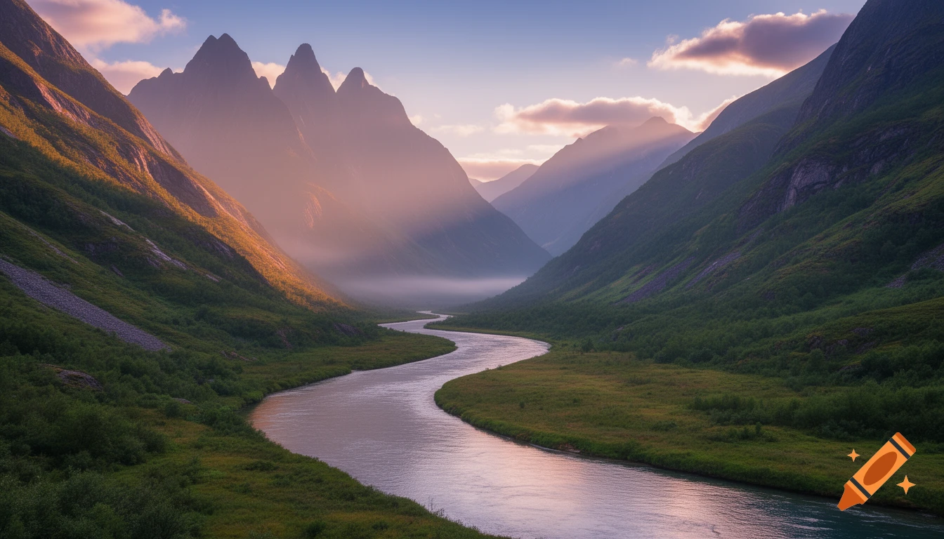 A winding river flows through a lush, green mountain valley illuminated by the warm light of sunrise.