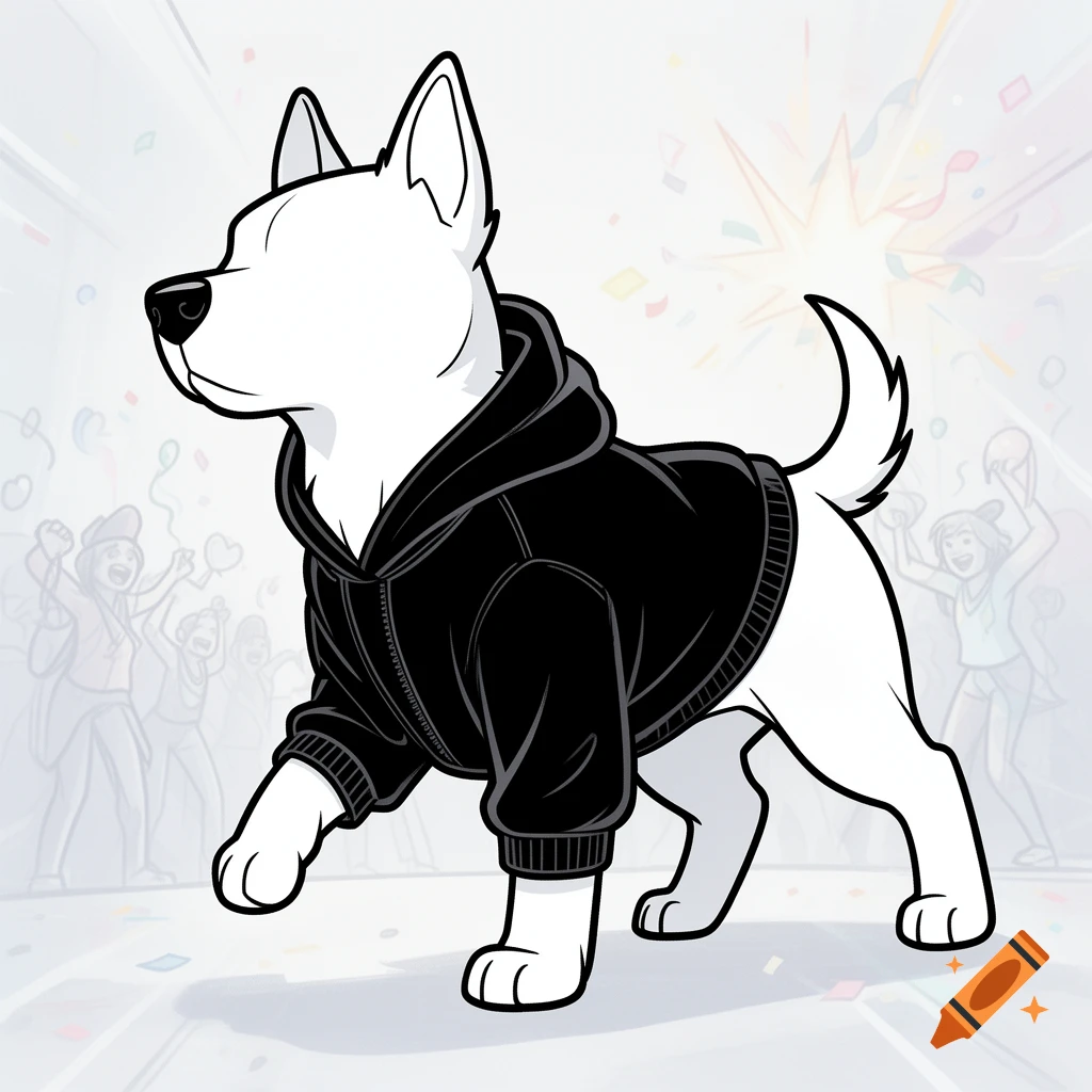 Cartoon white dog in a black hoodie walks in front of a celebratory background with abstract figures.