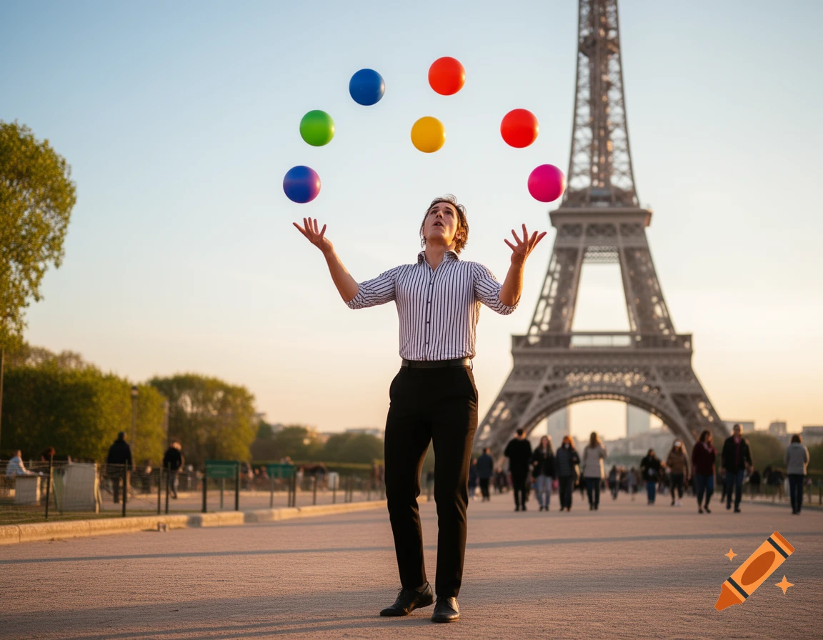 Photorealistic image of a man juggling colorful balls in front of the Eiffel Tower at sunrise.
