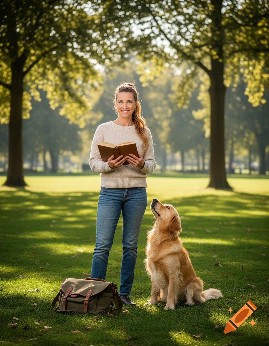 A woman holding a book stands in a sunny park with a golden retriever looking up at her. Photorealistic.