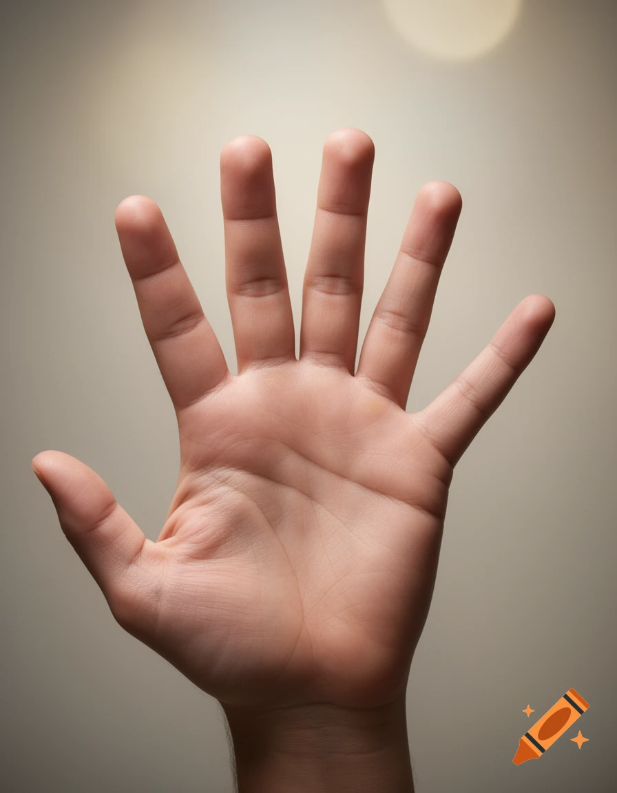 A close-up, well-lit shot of a human hand with five fingers spread out, palm facing forward against a blurred light background.