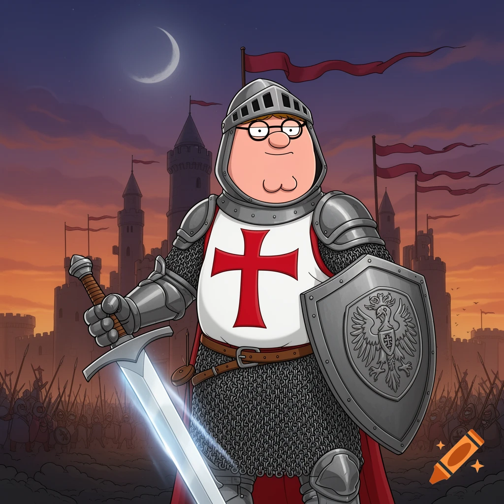 Cartoon Peter Griffin as a Templar knight, holding a sword and shield, in front of a castle at dusk.