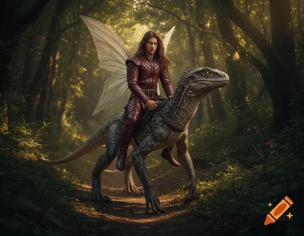 A photorealistic male fairy with green eyes and wings in leather armor rides a large lizard through a sunlit forest.