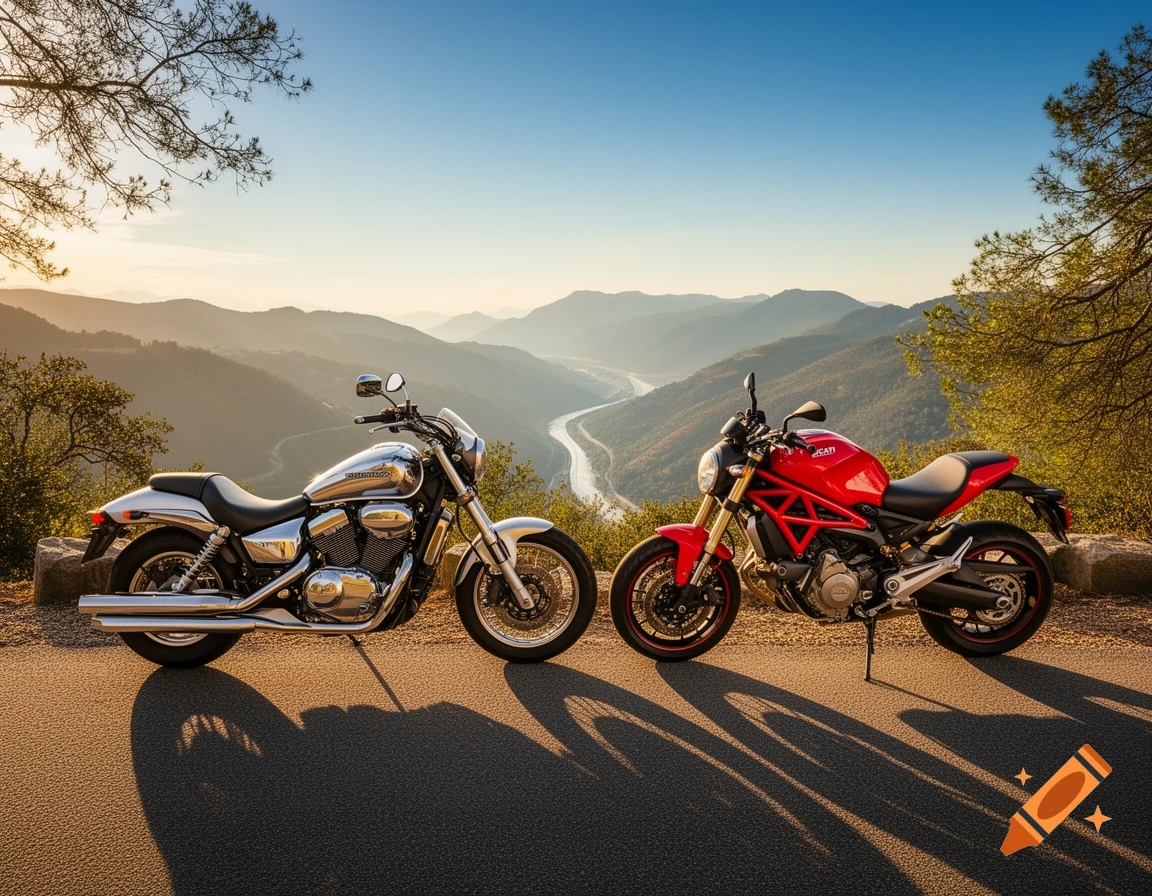 Two photorealistic motorcycles, a silver cruiser and a red sportbike, parked on a scenic mountain overlook with a river valley at sunset.