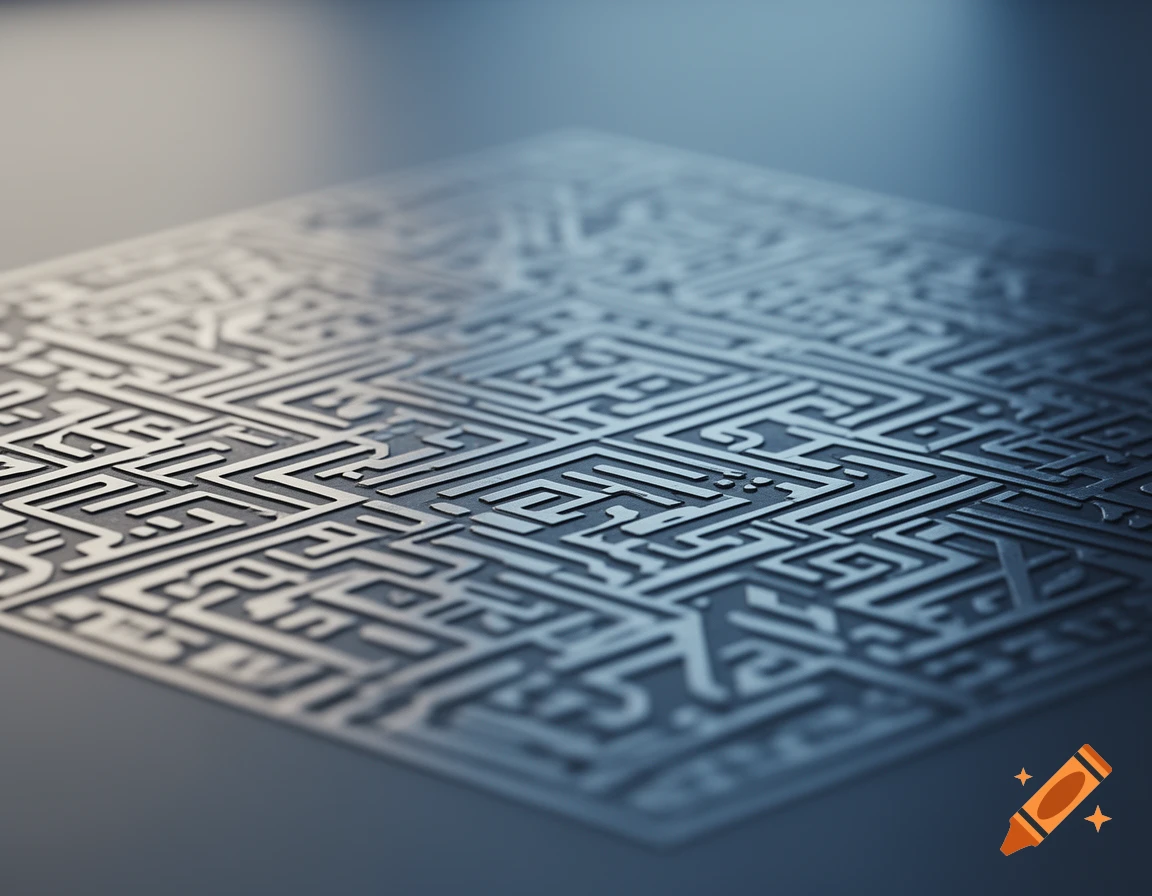 Intricate metallic pattern resembling a circuit board or maze, in a cybersigilism Swiss design aesthetic with a blue tint.