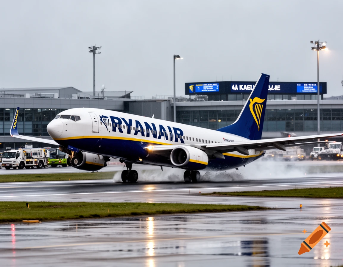 A Ryanair Boeing 737 airplane lands on a wet runway, splashing water, with airport buildings in the background.