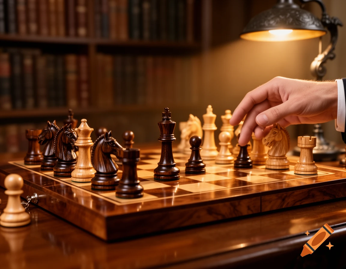 A hand moves a wooden knight on a chessboard under the warm glow of a desk lamp, with bookshelves in the background.