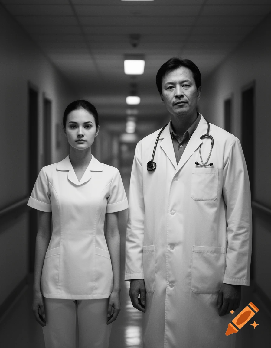 A female nurse and a male doctor stand side-by-side in a black and white hospital hallway.