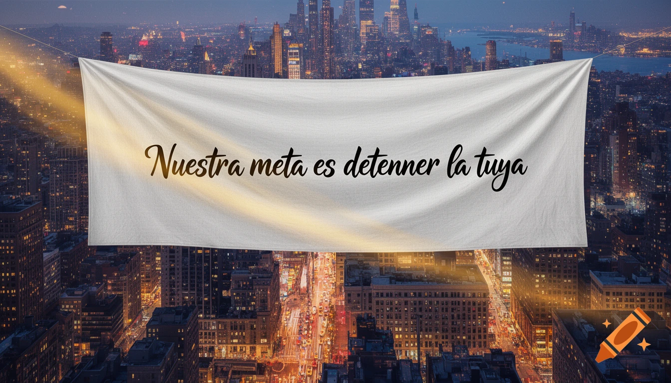 A large white banner with "Nuestra meta es detener la tuya" in black script, suspended over a bustling cityscape at night.