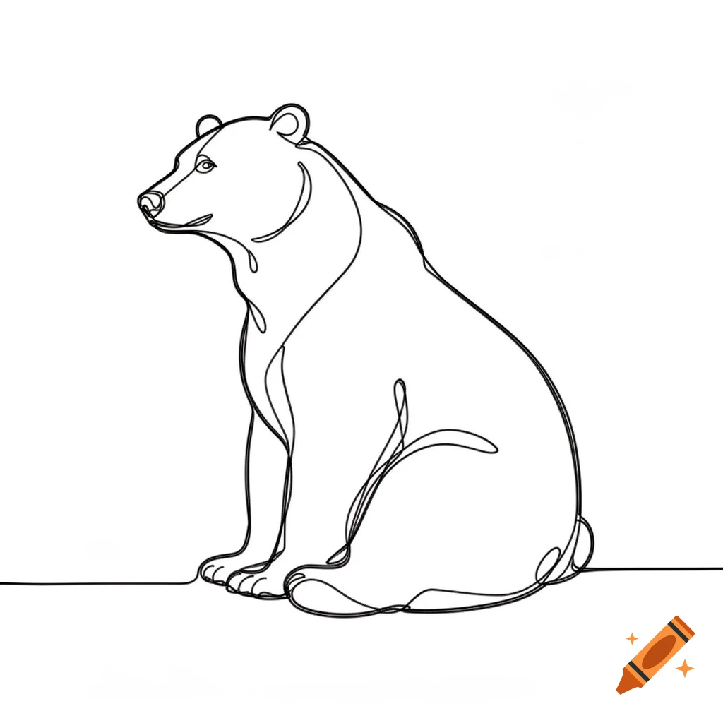 A minimalist single line drawing of a sitting bear looking to the left.