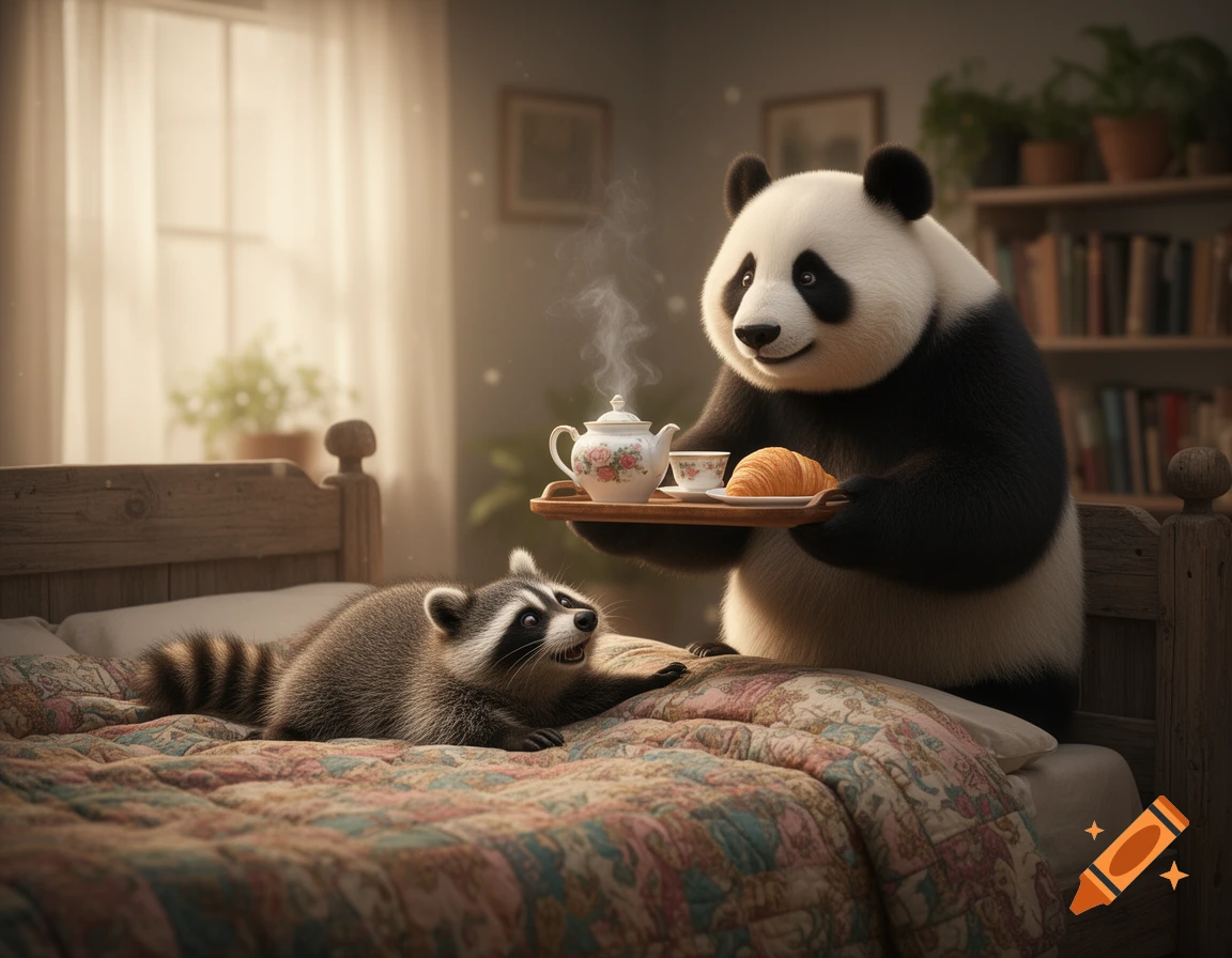 A photorealistic giant panda serves breakfast in bed to a raccoon in a cozy bedroom.