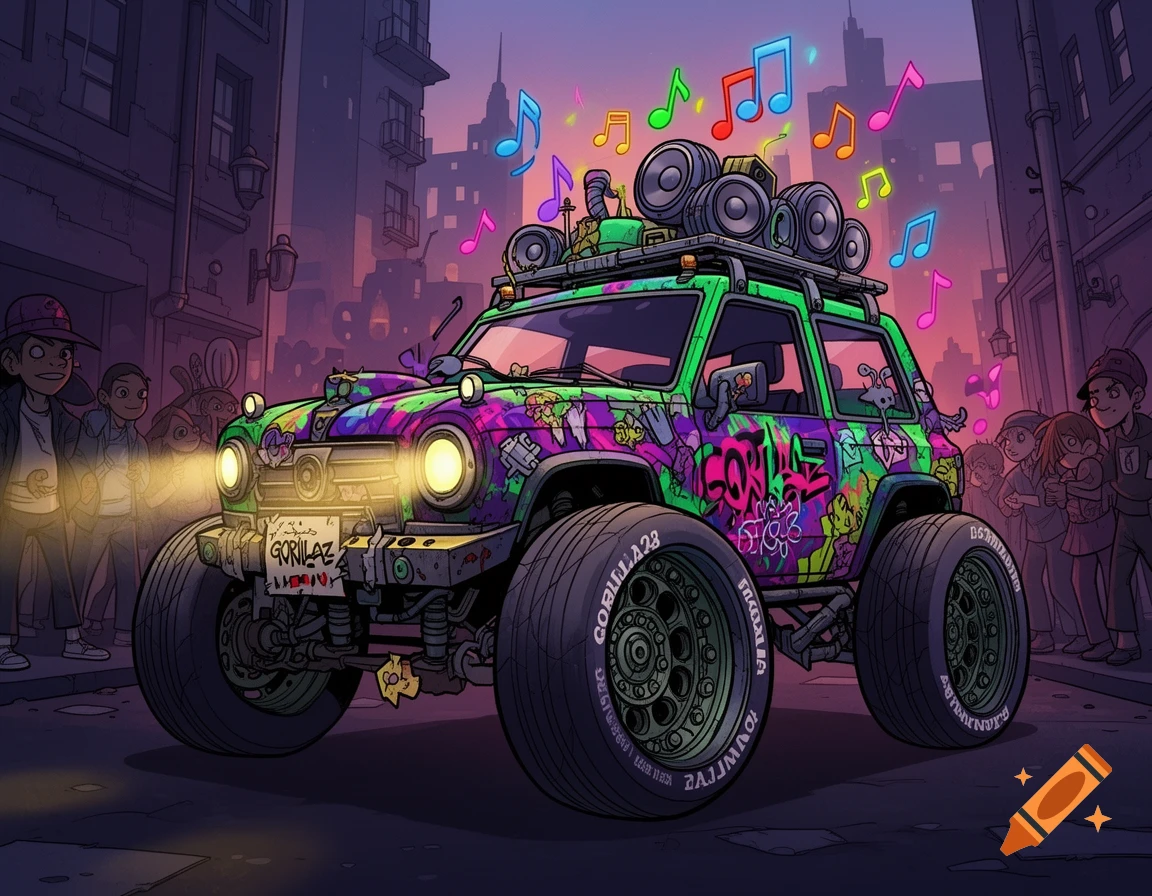 A graffiti-covered green and purple monster truck with speakers on the roof drives down a city street, emitting colorful musical notes, in a cartoon Gorillaz-style.