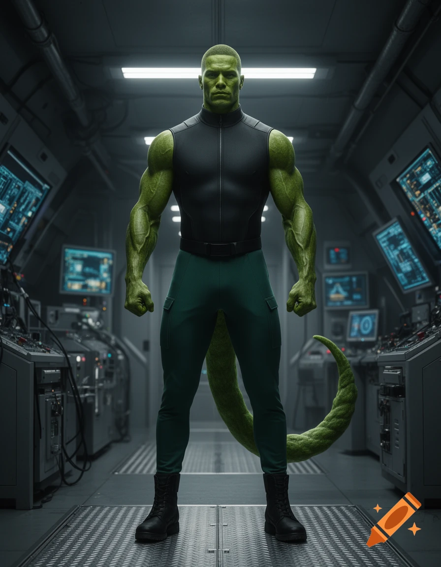 A muscular, green-skinned humanoid with a powerful tail stands in a futuristic control room, wearing a black vest and dark green pants.
