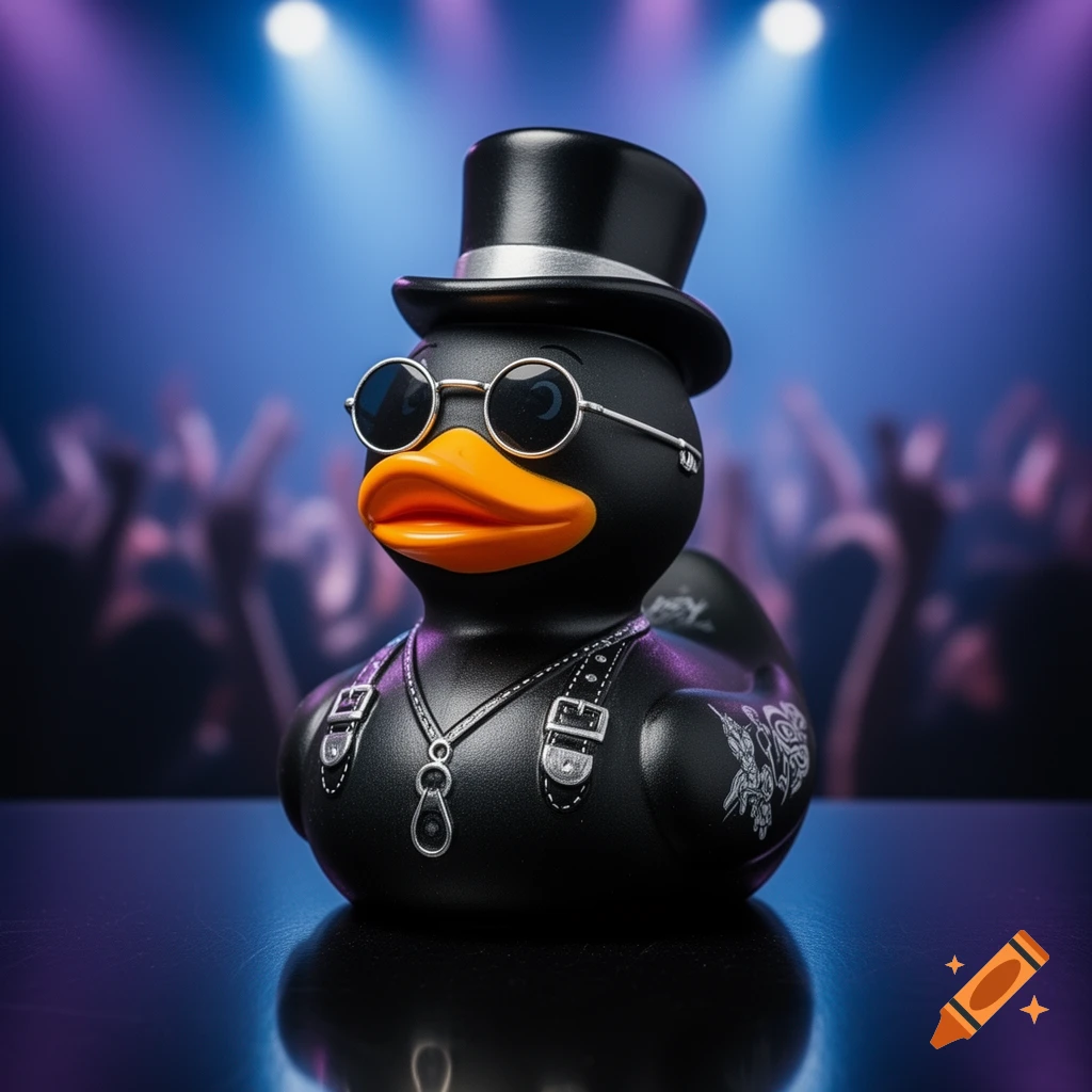A black rubber ducky dressed in an Ozzy Osbourne style, wearing a top hat, sunglasses, and leather straps, on a dark stage with a blurred concert crowd background.