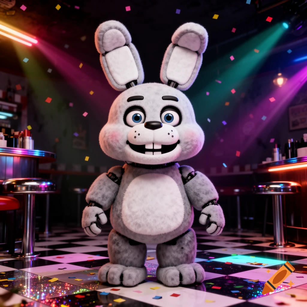 A cute white and gray rabbit animatronic in a FNaF style, smiling in a brightly lit party room with confetti and a checkered floor.