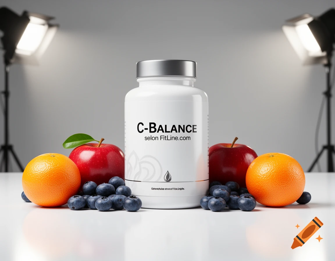 A white supplement bottle labeled C-Balance selon FitLine.com with apples, oranges, and blueberries in a studio photography setup.