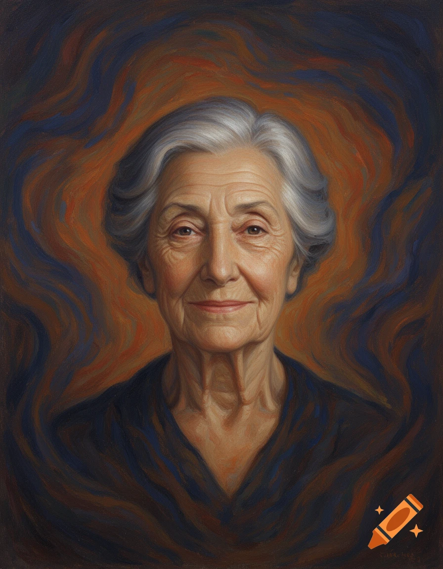 Expressionist portrait of an elderly woman with gray hair, smiling faintly, against an orange and blue swirling background.