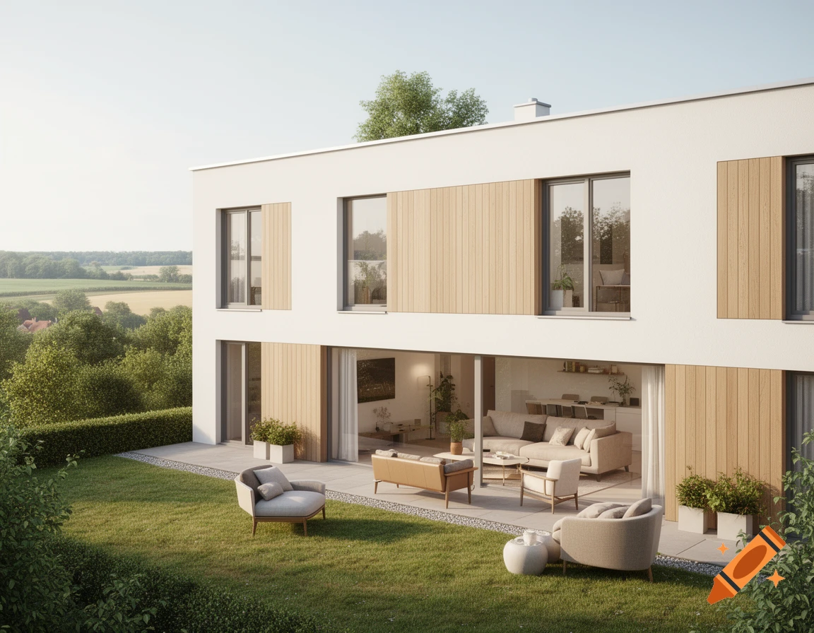 Photorealistic image of a modern white house with wooden accents, large windows, a green lawn, and outdoor patio furniture.