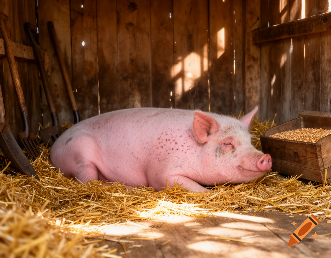 A happy pink pig sleeps peacefully on a bed of straw inside a rustic wooden barn with sunlight streaming in.