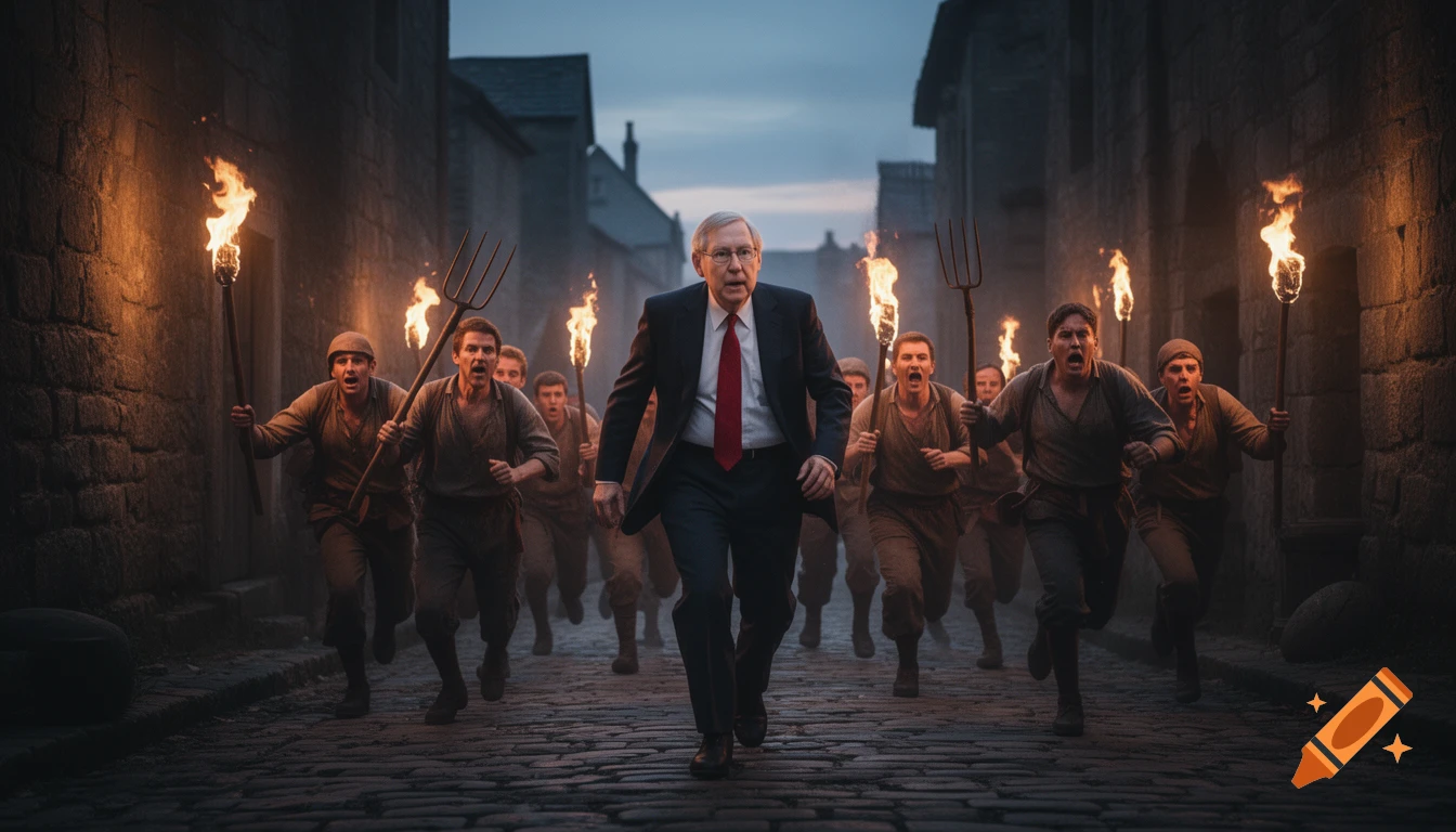 Photorealistic image of Mitch McConnell being chased by angry villagers with torches and pitchforks down a dark, cobblestone street.