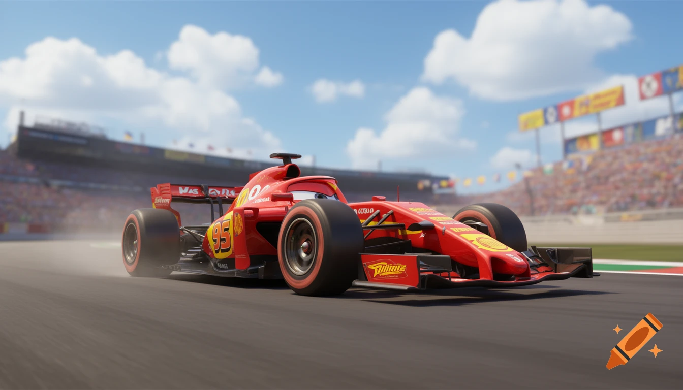 An F1 car with red Lightning McQueen livery and a face, races on a track under a blue sky, with a stadium full of spectators in the background, in a stylized animated rendering.