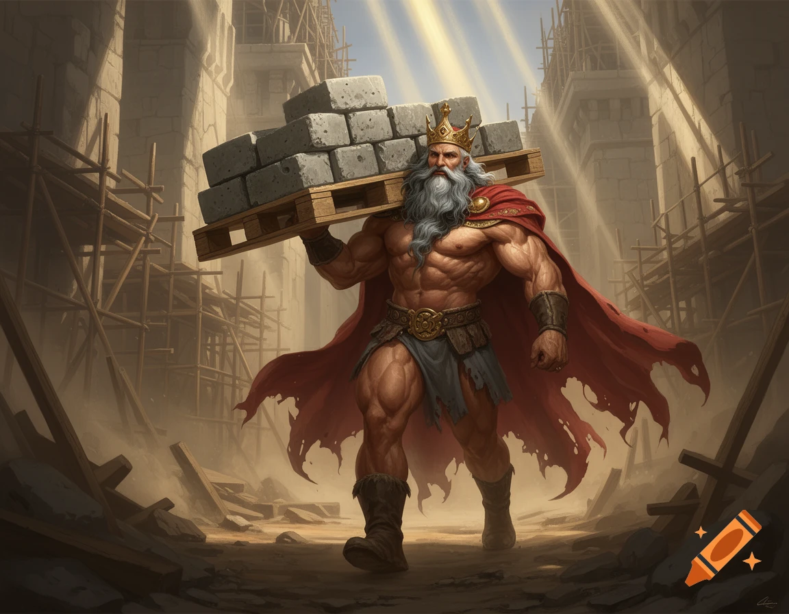 A muscular, bearded king in a golden crown and red cape carries concrete blocks on a pallet through a dusty construction site.