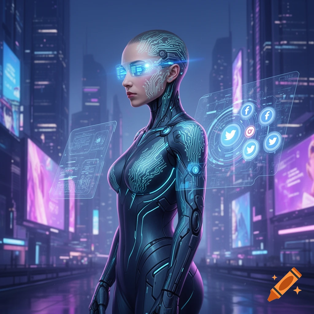 A cybernetic woman with circuit patterns on her skin and glowing VR glasses stands in a neon-lit futuristic city, interacting with holographic screens displaying social media icons and data.