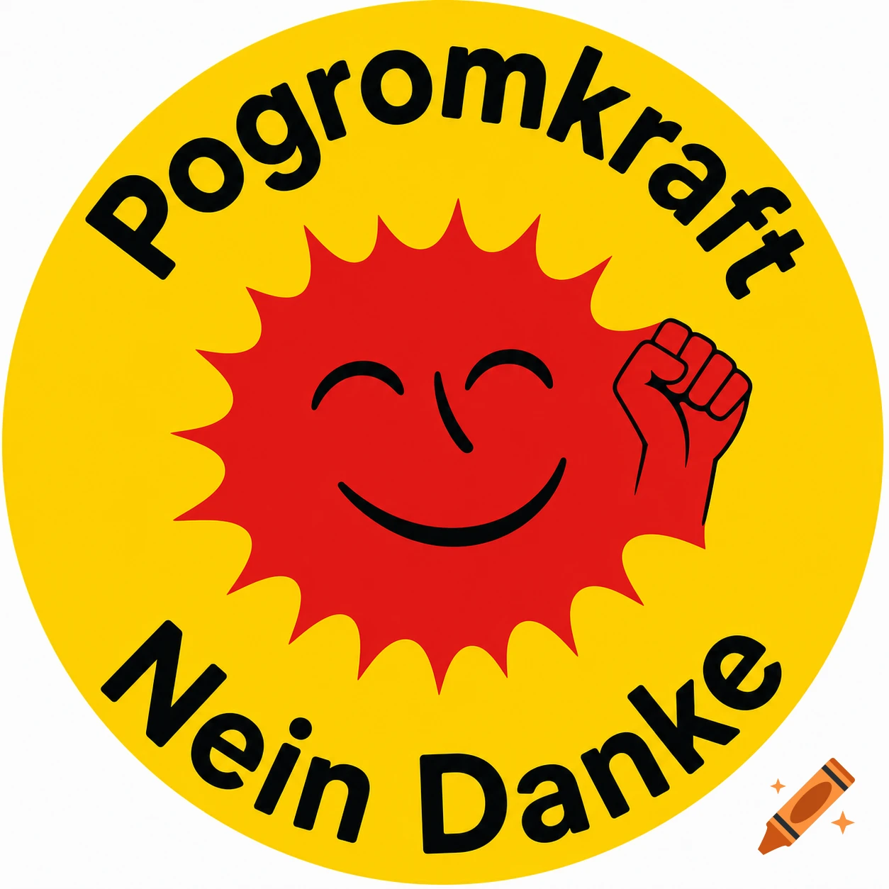 Yellow circular logo with a red sun-like face smiling and clenching a fist, surrounded by black text "Pogromkraft Nein Danke".