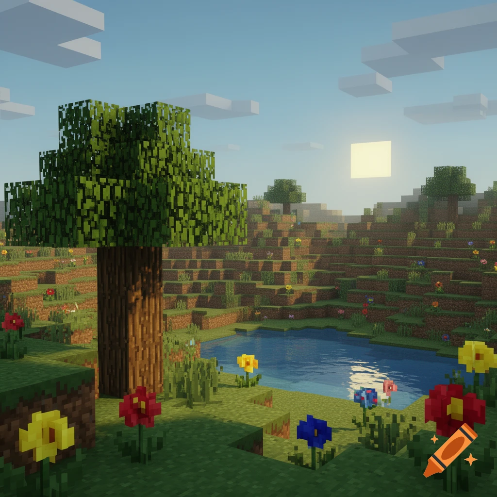 A vibrant Minecraft-style landscape featuring a large tree, a pond, rolling hills, and colorful flowers under a bright, blocky sun and clear sky.