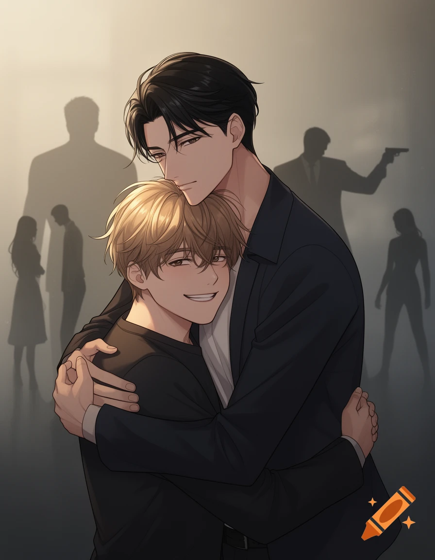 Two anime-style young men embrace warmly in the foreground, with shadowy figures and one holding a gun in the dramatic background.