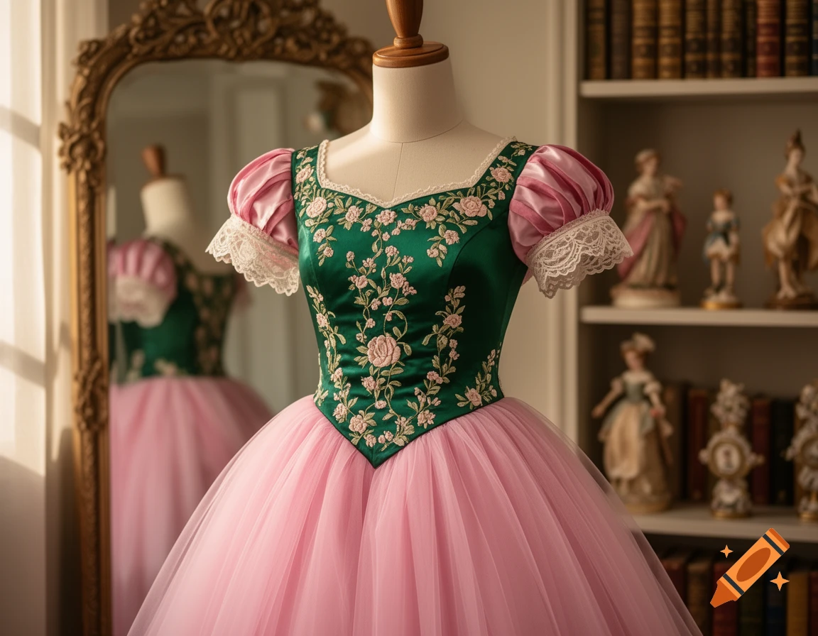 A green dress with pink floral embroidery, pink puffed sleeves, and a pink tulle skirt on a mannequin, reflected in a gilded mirror.