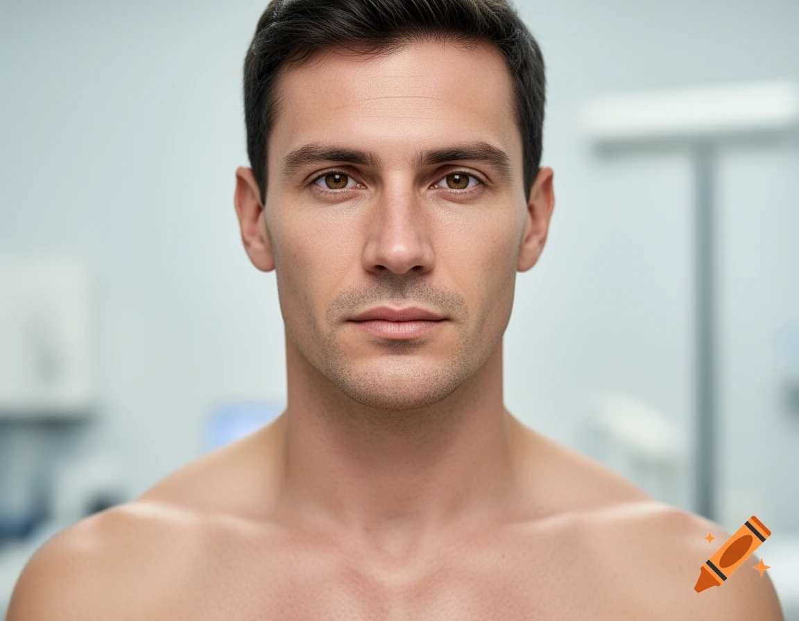 Photorealistic portrait of a shirtless man with dark hair and brown eyes looking directly forward.