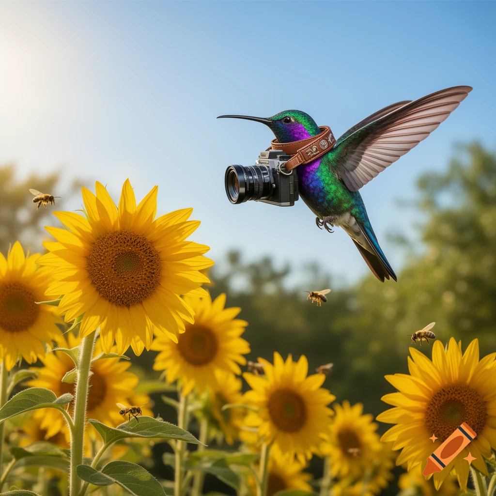 A vibrant hummingbird with a camera flies over a sunflower field with bees on a sunny day.