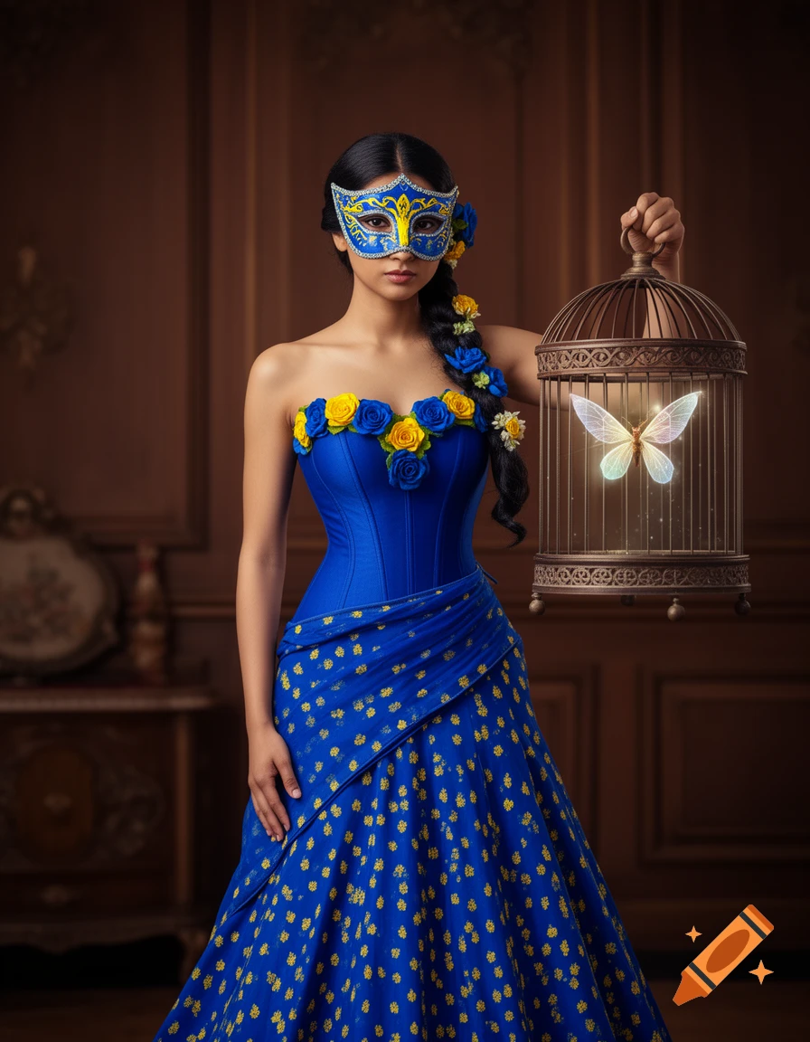A woman in a blue and yellow fantasy costume and Venetian mask holds a cage with a glowing butterfly in a luxurious room.