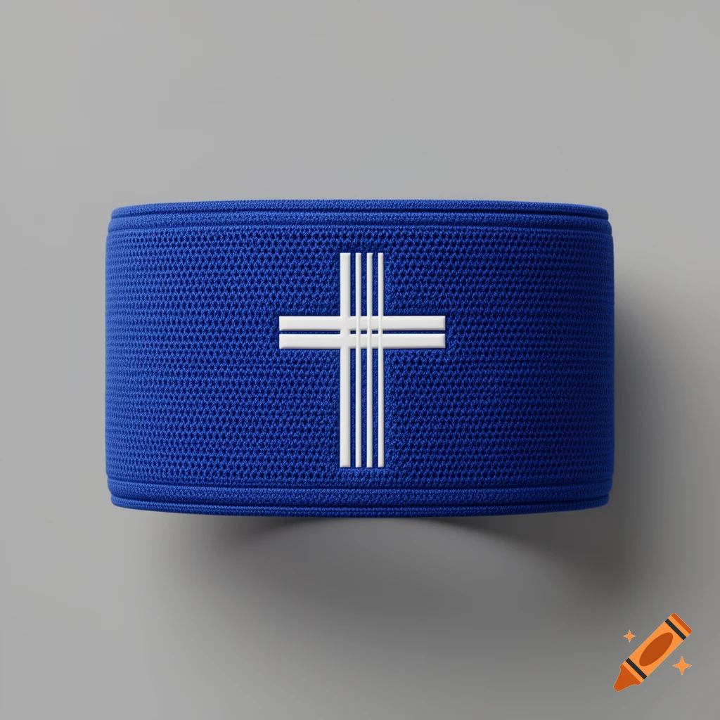 A royal blue sports captain armband with a white stylized cross crest in the center, isolated on a neutral grey background.