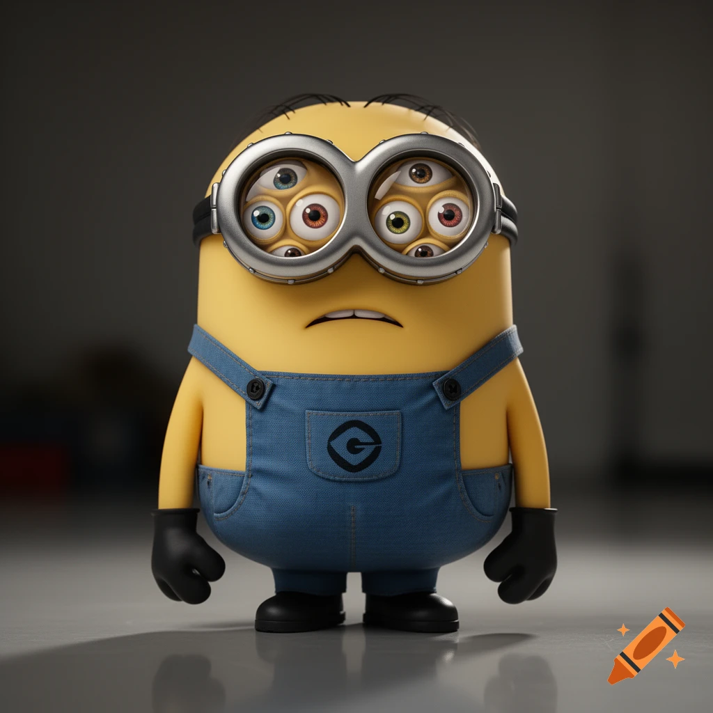 A yellow Minion character in blue overalls with multiple eyes visible through its silver goggles, looking distressed.