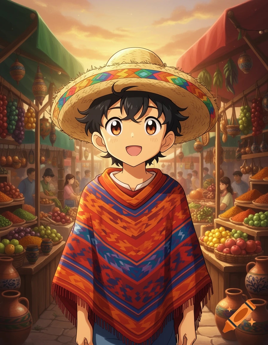 Smiling anime boy in a colorful poncho and sombrero at a vibrant market stall filled with produce and pottery.