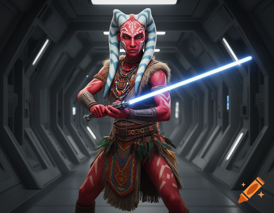 A red-skinned Togruta alien in tribal clothes holds a blue lightsaber in a futuristic corridor, photorealistic.