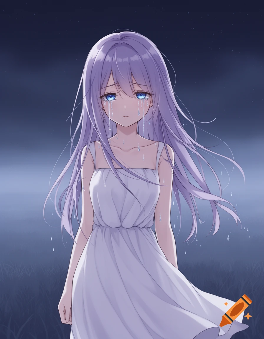 A sad anime girl with long purple hair and blue eyes, wearing a white dress, crying in a dark, misty field.