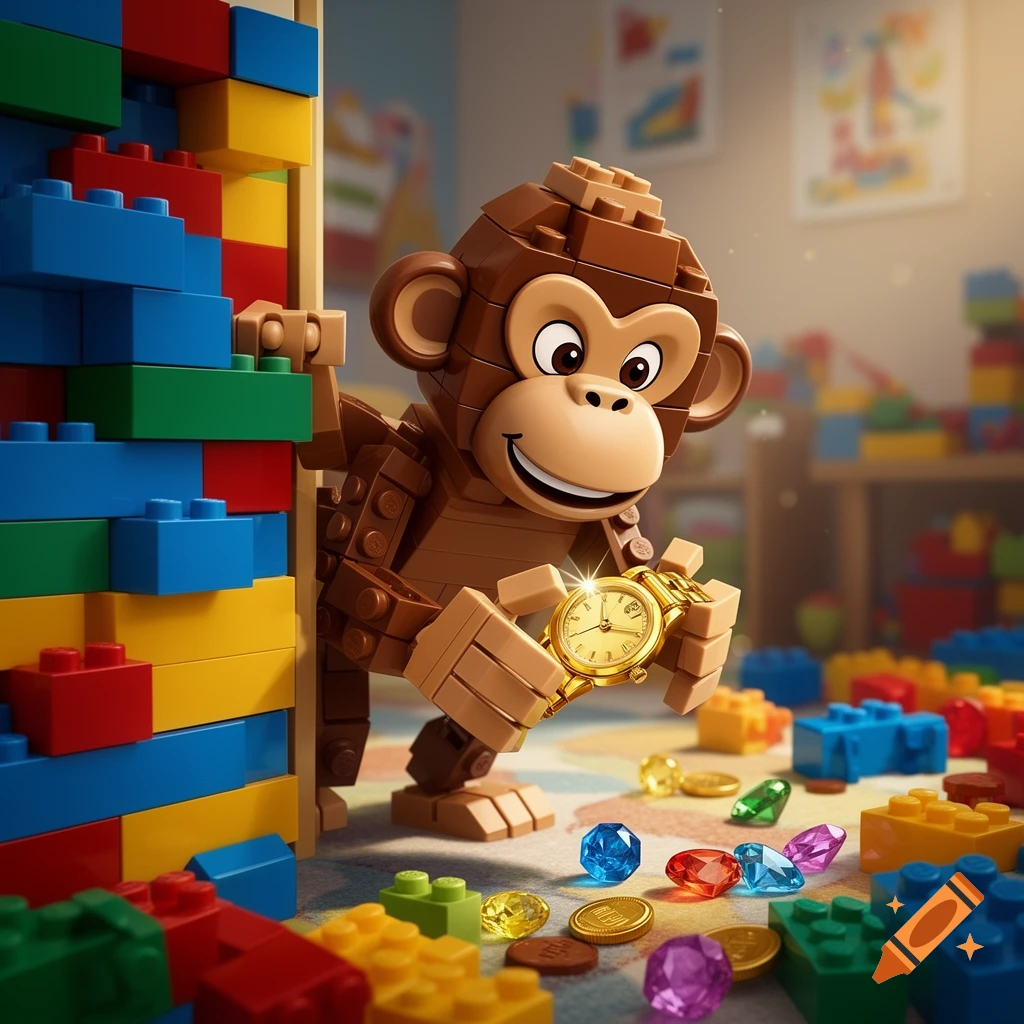 A smiling Lego monkey peeks from behind a colorful Lego wall, holding a golden watch amidst scattered gems and coins on a carpet.
