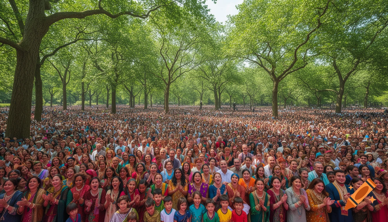 A massive crowd of diverse people, including women, children, and men, are gathered in a park with green trees, many clapping and smiling.