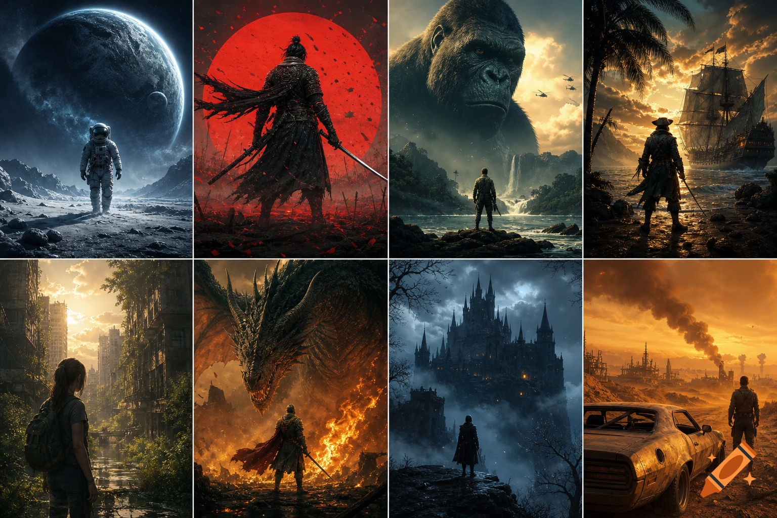 A grid of eight vibrant digital art scenes depicting fantasy, sci-fi, and post-apocalyptic themes with warriors, a dragon, astronaut, and ruined cities.